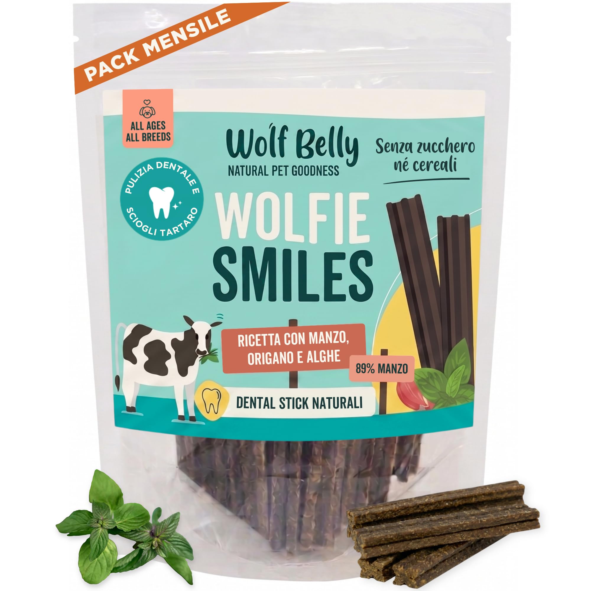 Wolf Belly - Dental Stick per Cani Naturali (28 pz) 89% Manzo Senza Cereali | Igiene Dentale & Alito Fresco | Ascophyllum Nodosum | Delizioso Sapore di Carne | Ricco di Proteine - Prodotto in Europa