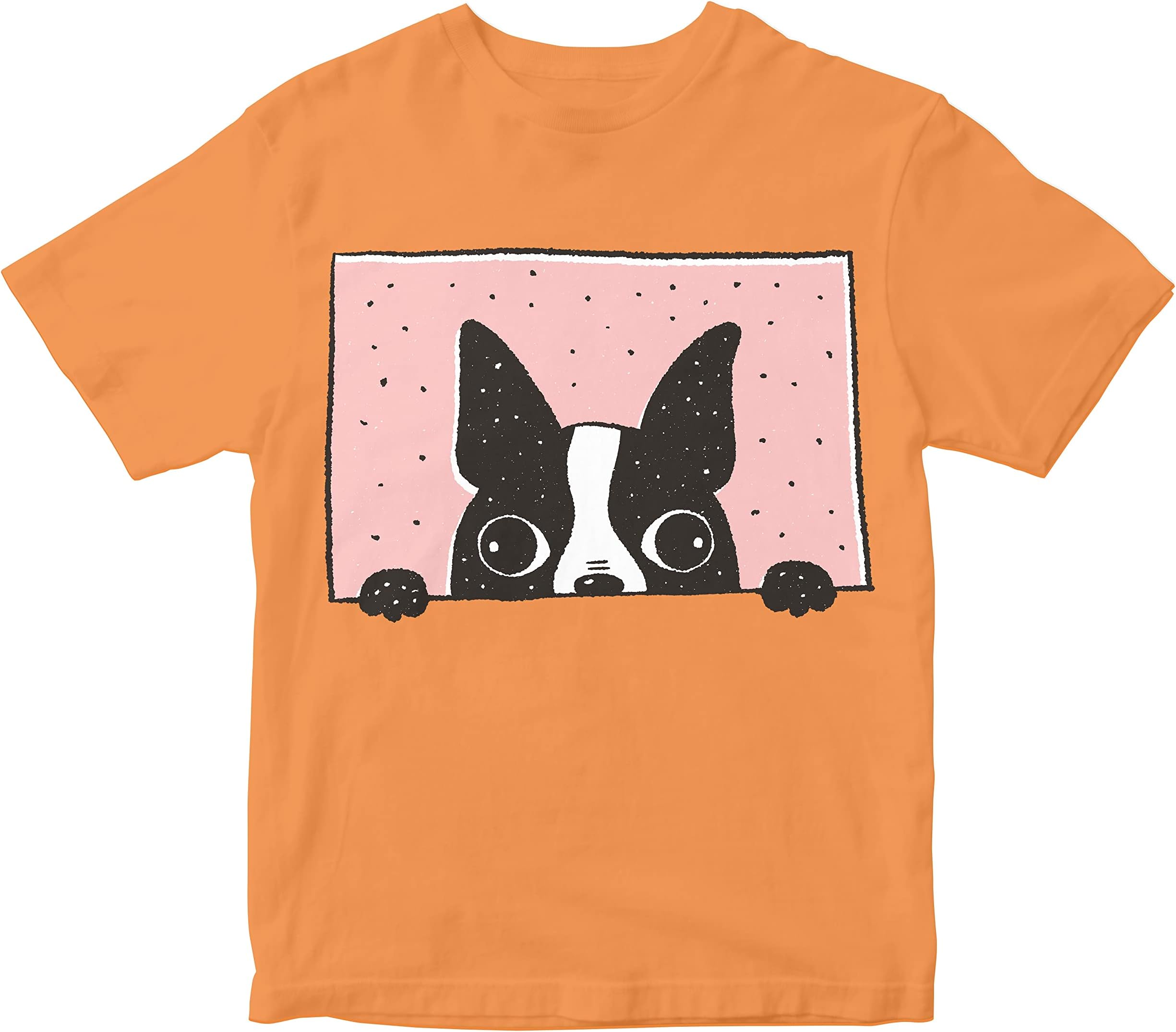 Heybroh Kids T-Shirt Boston Terrier Peeking 100% Cotton Kids Regular Fit Unisex T-Shirt