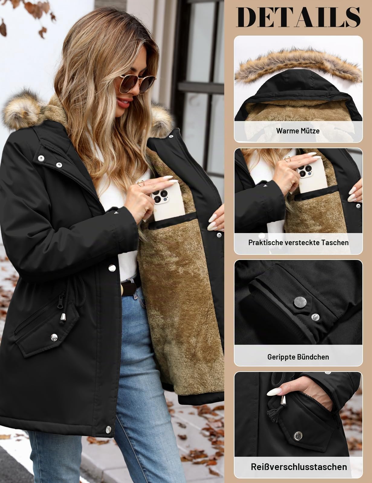 UMIPUBO Winterjacke Damen Lang Warmer Winterparka Wasserdicht Parka Wintermantel mit Kapuze Gefüttert Jacke Mit Taschen Thermo Mantel