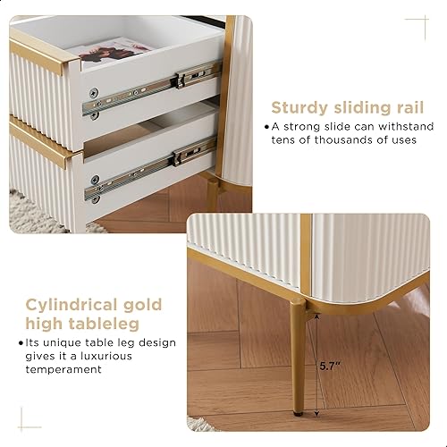 Miniatura 5 de OKD Mesa auxiliar moderna, mesa auxiliar de cama de 4 niveles con estación de carga y 2 cajones, mesita de noche cuadrada de madera para sala de