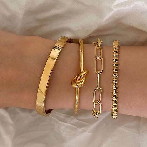 Miniatura 2 de Reoxvo Pulseras de oro para mujer, chapado en oro de 14 quilates, juego de pulseras de latón con dije de latón para mujer, no se deslustra, cuentas