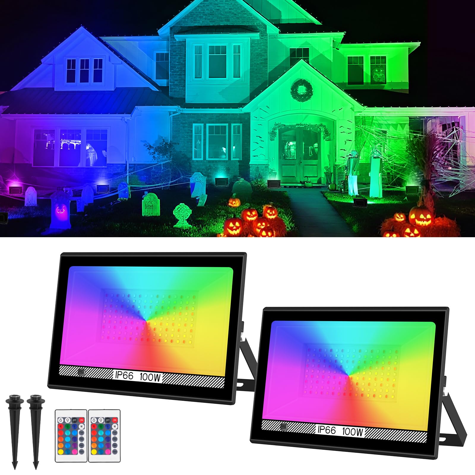 T-SUN RGB Led Flood Light 100W,Outdoor Flood Light 1000W Equivalent 10000Lm Christmas Light Color Changing Led Stage Lights IP66 Waterproof Landscape Lights with Remote Outdoor for Garden Yard