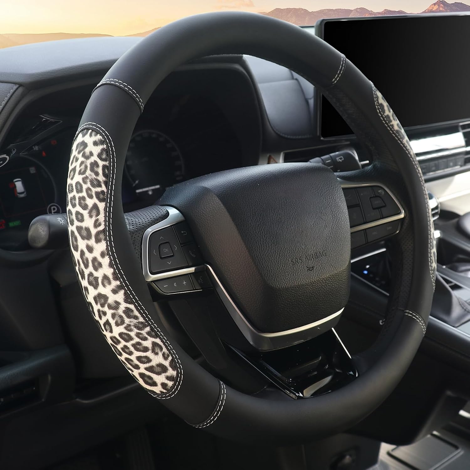 KAFEEK Microfiber Leather Leopard Steering Wheel Cover, Spliced Patchwork Design for Comfort Grip, Universal 15 inch, Breathable Anti-Slip Cheetah Car Accessories, Black