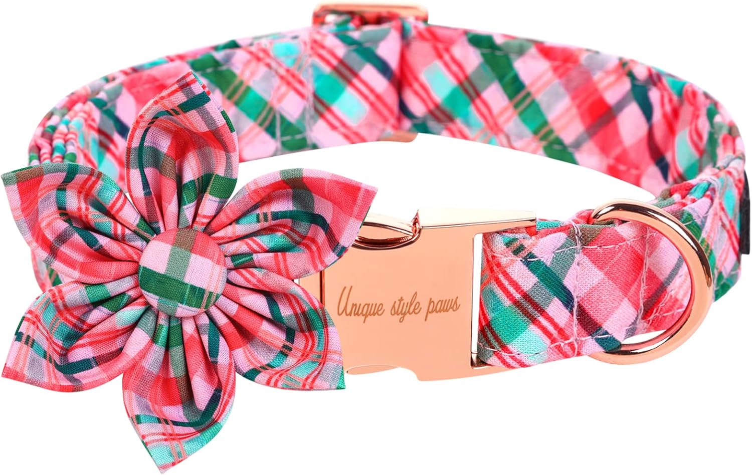 Unique style paws Dog Collar with Flower Pink & Green Plaid Dog Collar Best Gifts