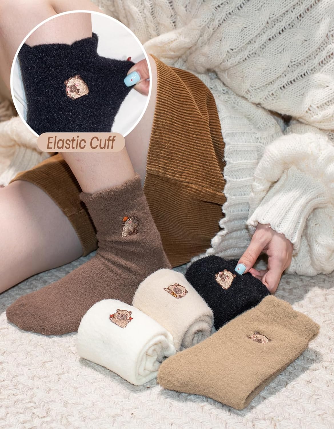 5 Pairs Capybara Fuzzy Socks,Funny Capybara Gifts,Cute Socks for Women Teens,Soft and Cozy - Image 3