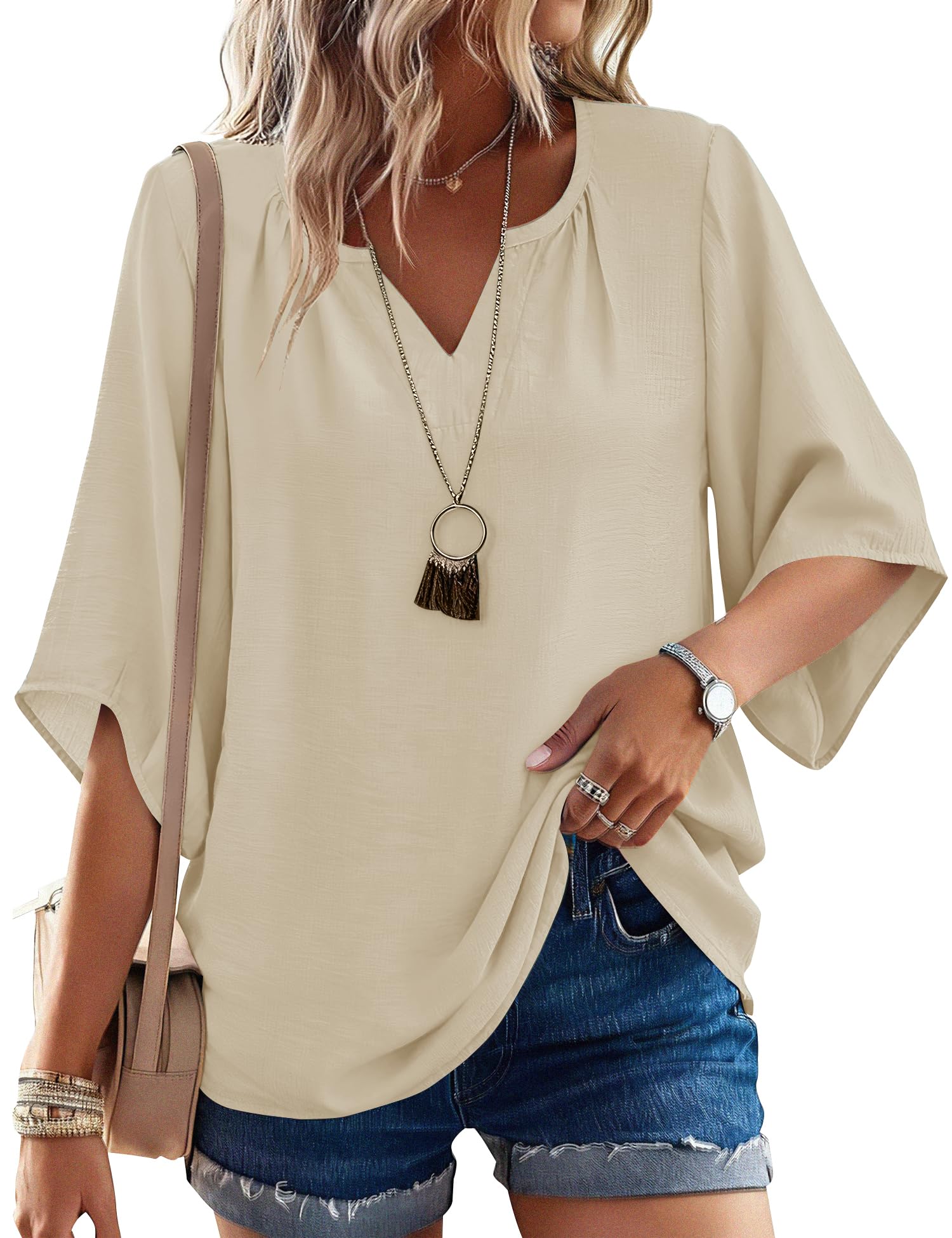 iWoo Bluse Damen 3/4 Arm Boho Tops Elegante V-Ausschnitt Locker Tunika Shirts Casual Oberteil Sommer Blusen