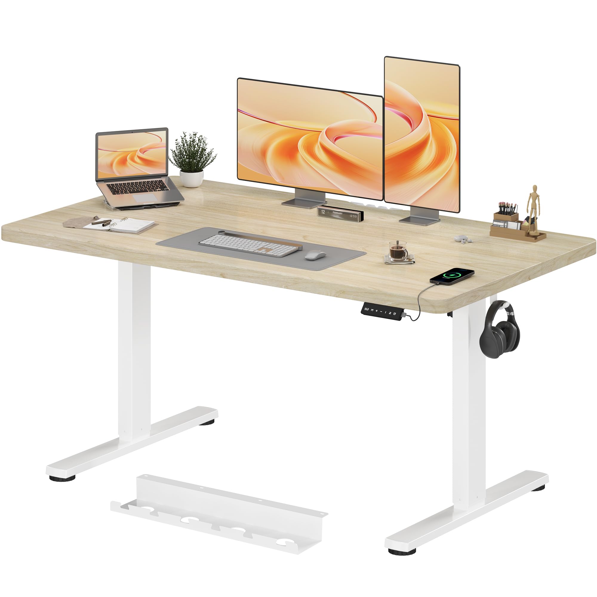 JUMMICO Escritorio eléctrico de Altura Ajustable 140 x 70 cm, Escritorio eléctrico con Bandeja de gestión de Cables, Escritorio de pie y Mesa abatible de 18 mm, Beige