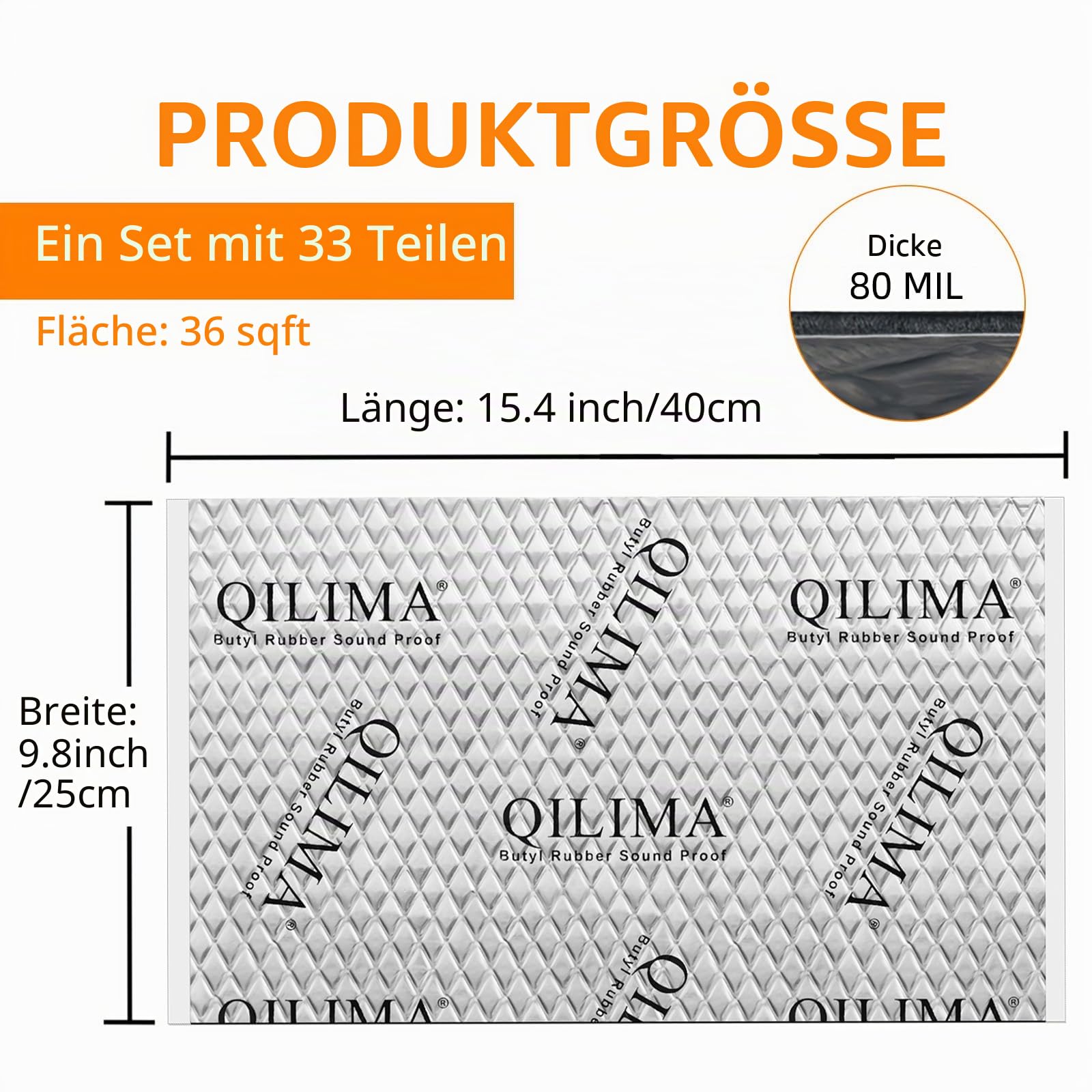 QILIMA Alubutyl Dämmmatte fürs Auto, 2mm Antidröhnmatte selbstklebend zur Schalldämmung, 250x400mm Isolierung gegen Lärm, 3,3 m² Gesamtfläche (33er Pack)