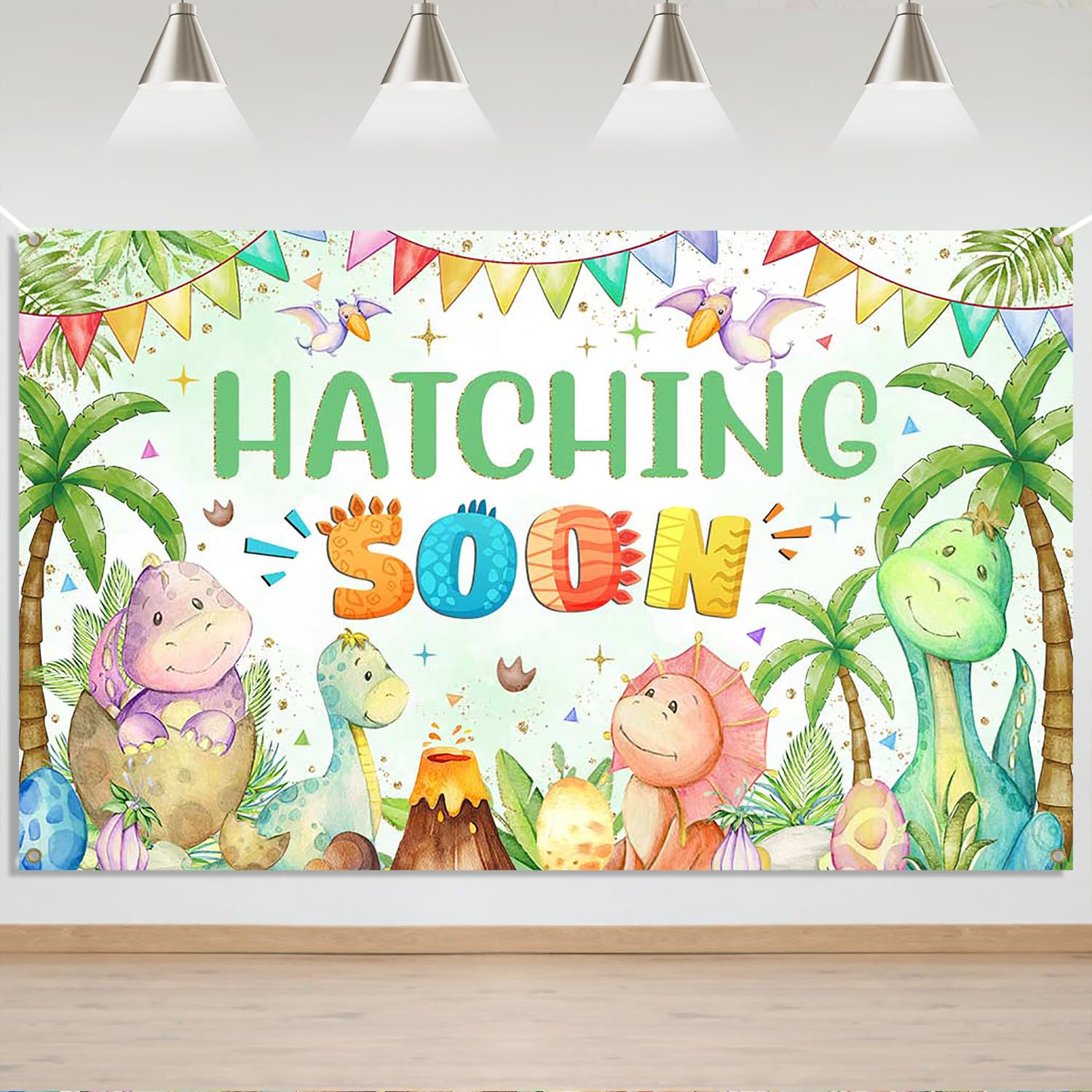 Mocsicka Dinosaur Baby Shower Backdrop Banner Hatching Soon Dinosaur Theme Baby Shower Backdrop Decorations for Boys Background 70.8x43.3 inch