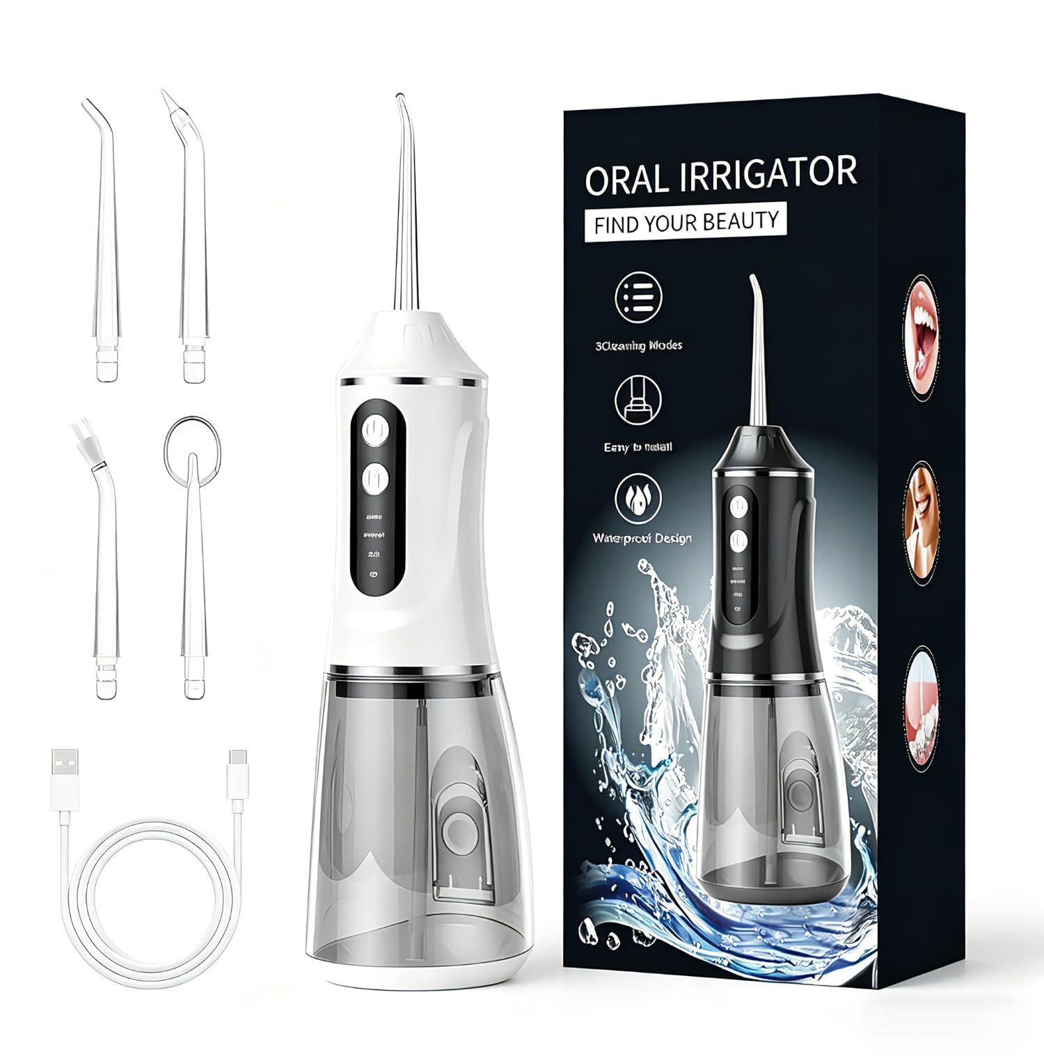 Idropulsore Dentale Portatile, Irrigatore Orale Senza Fili Impermeabile IPX7 con 3 Modalità e 4 Ugelli, Serbatoio da 380ml, Tecnologia a Impulsi e Grande Autonomia per Uso Domestico e Viaggi