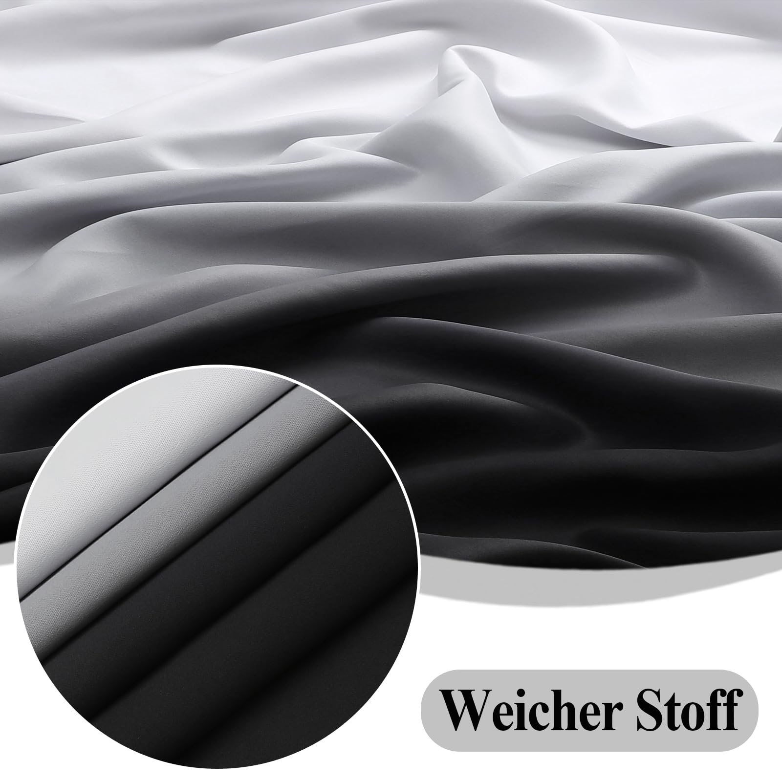 Verdunklungsvorhänge mit Kräuselband, Schwarz und Weiß Vorhänge Blickdicht Schlafzimmer, Ombre Gardinen Schienensystem, 2er Set Thermovorhang Kälteschutz Blackout Curtain, H214 x B132 cm