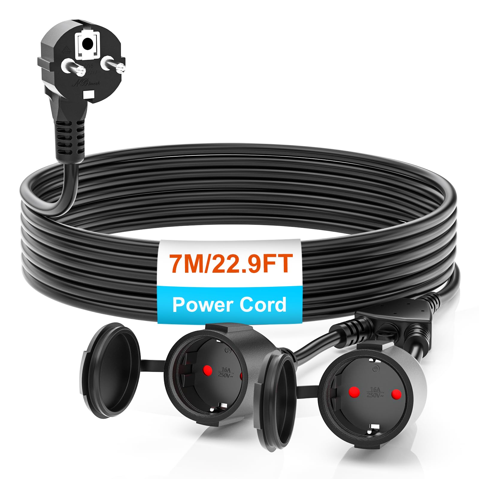 Cable de extensión 7M Schuko con 2 enchufes, Cable de extensión IP44 Impermeable, Cable de Corriente de extensión – para el Exterior, para el jardín, Taller, Sitio de construcción (16A/250V, Negro)