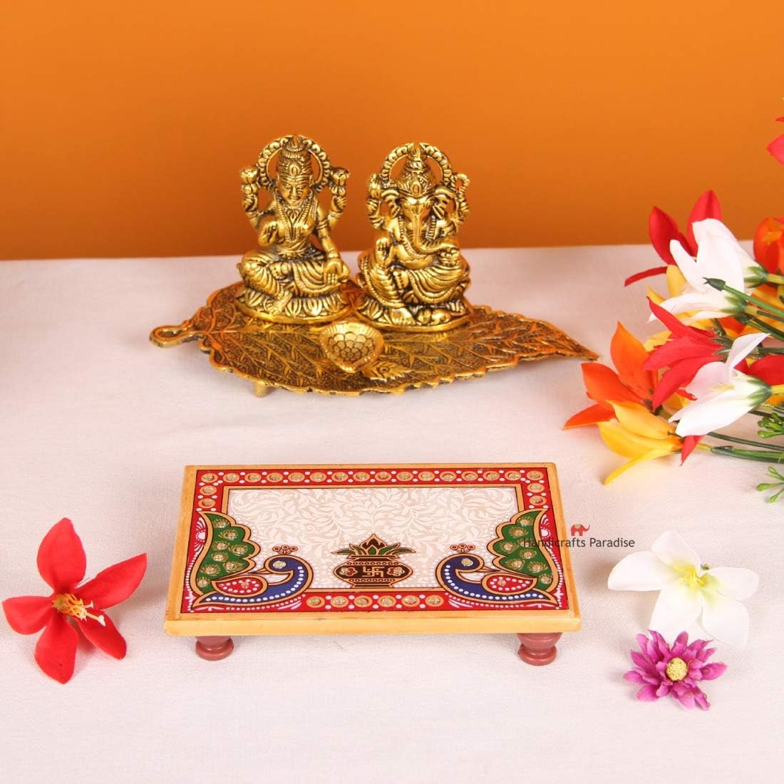 Handicrafts Paradise Peacock and Kalash Designed Rectangle Shape Marble Pooja Chowki (15.3cm x 10.2cm x 2.55cm, Multicolour)