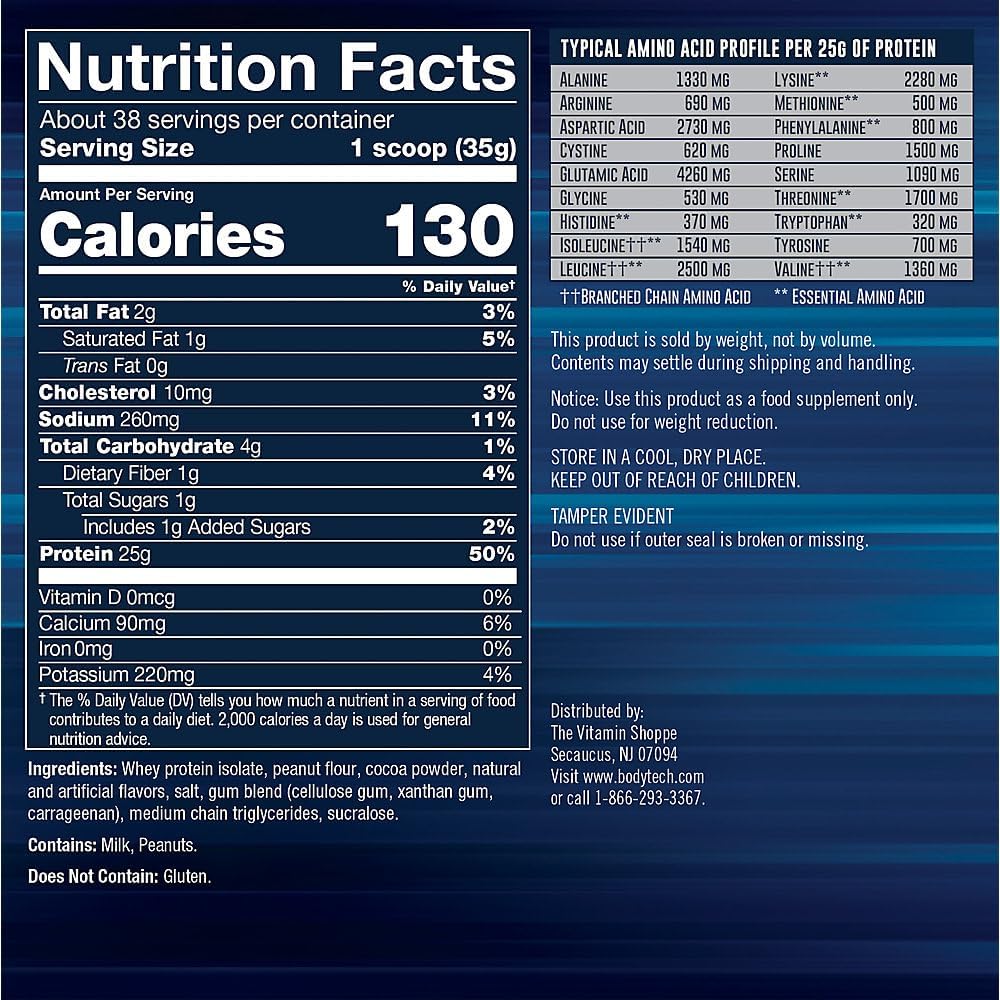 BodyTech Whey Protein Isolate Powder - 25g Protein per Serving with BCAAs - Fast-Absorbing for Muscle Growth & Recovery - Rich Chocolate (3 lb, 38 Servings)