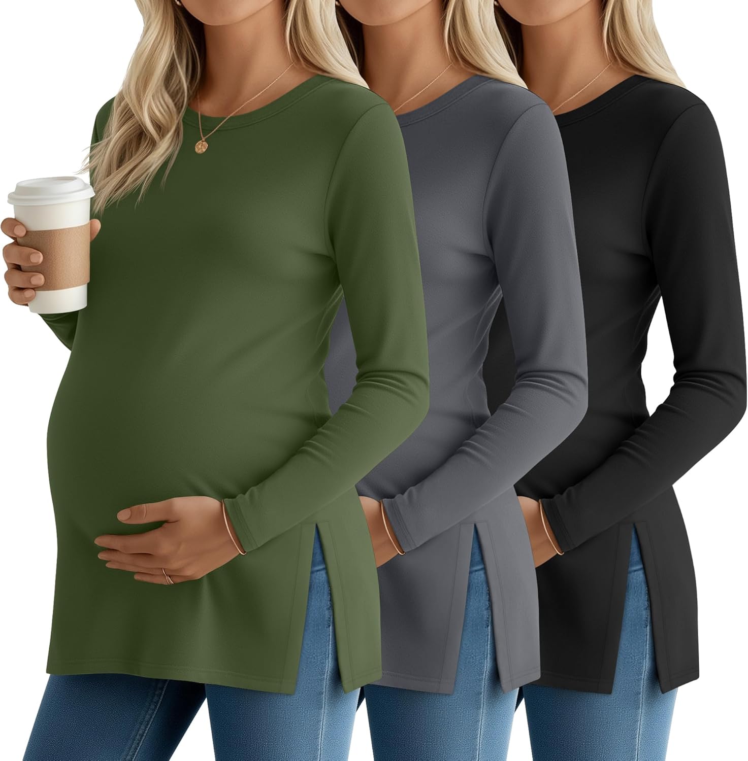 Riyiper 3 Pack Women's Maternity Shirts Split Side Crew Neck Pregnancy Lounge Tee Tops Long Sleeve Loose Fit Pajamas Clothes
