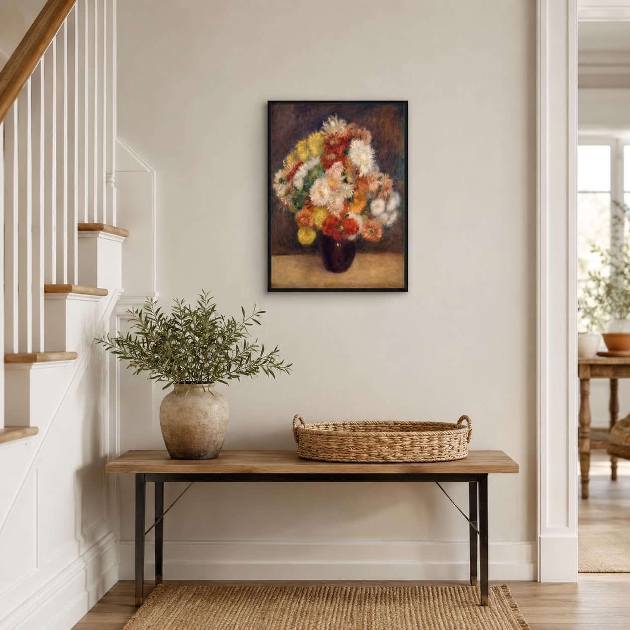 Renoir Chrysanthemum Floating Framed Canvas Wall Art Floral Vase Painting Prints Posters Impressionist Wall Decor Public Domain Flower Artwork for Living Room Bedroom Office Gallery Gift 12x16 Inches