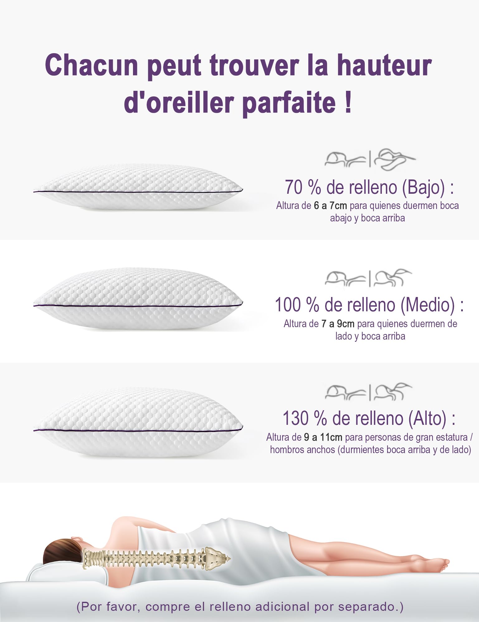 Almohada 50 × 70 cm 1 Unidad – Almohada Ergonómica para Dormir de Espuma Viscoelástica, Altura Ajustable con Cremallera, Uso Durante Todo el Año | Ergonómico ajustable en altura con cierre de cremallera, uso durante todo el año