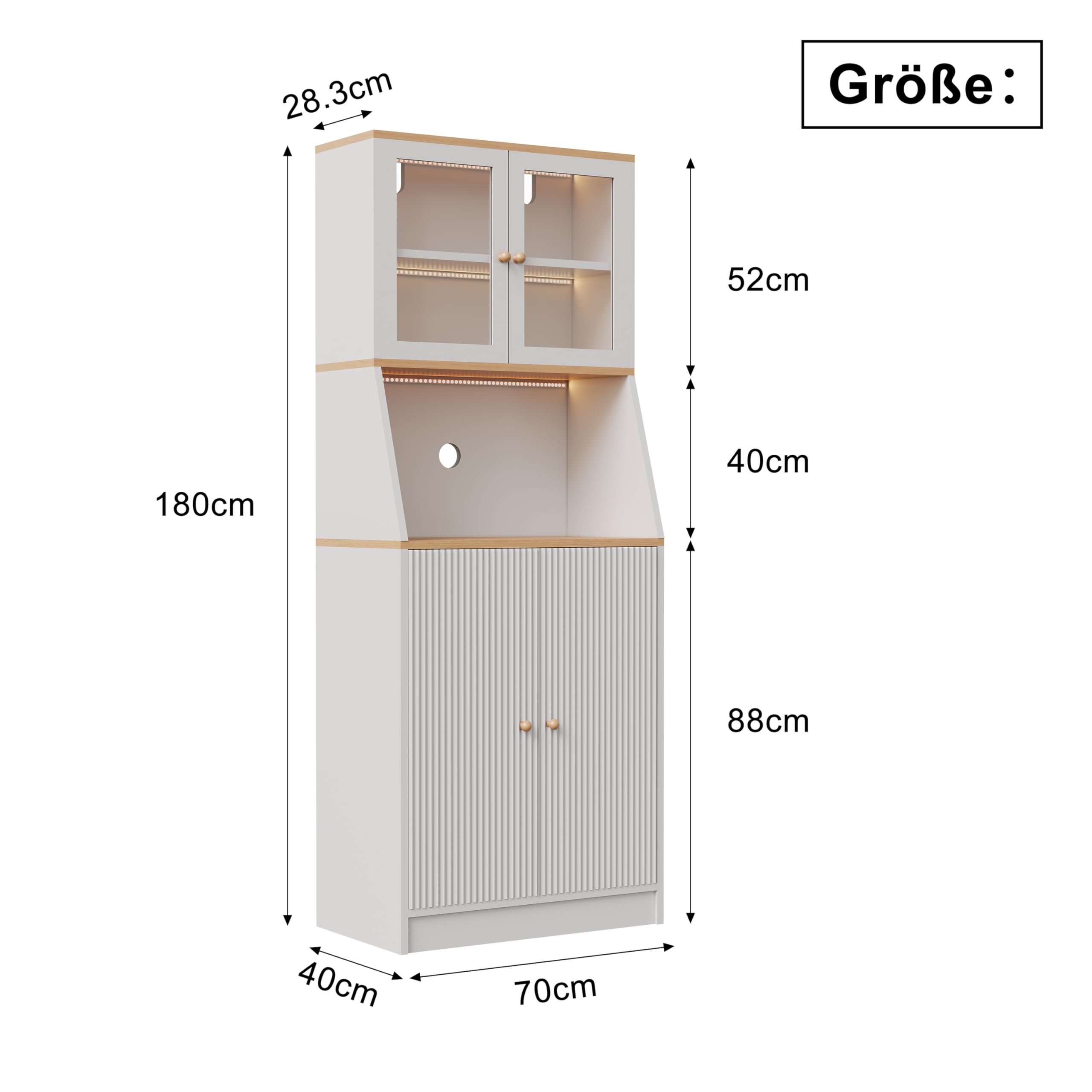 Küchenschrank 180cm mit 4 Türen und 5 Ebenen, Küchenbuffet mit Glastüren, Küchenschrank mit LED, Aufbewahrung mit Arbeitsplatte, Freistehender Küchenschränke Sideboard (Weiß)
