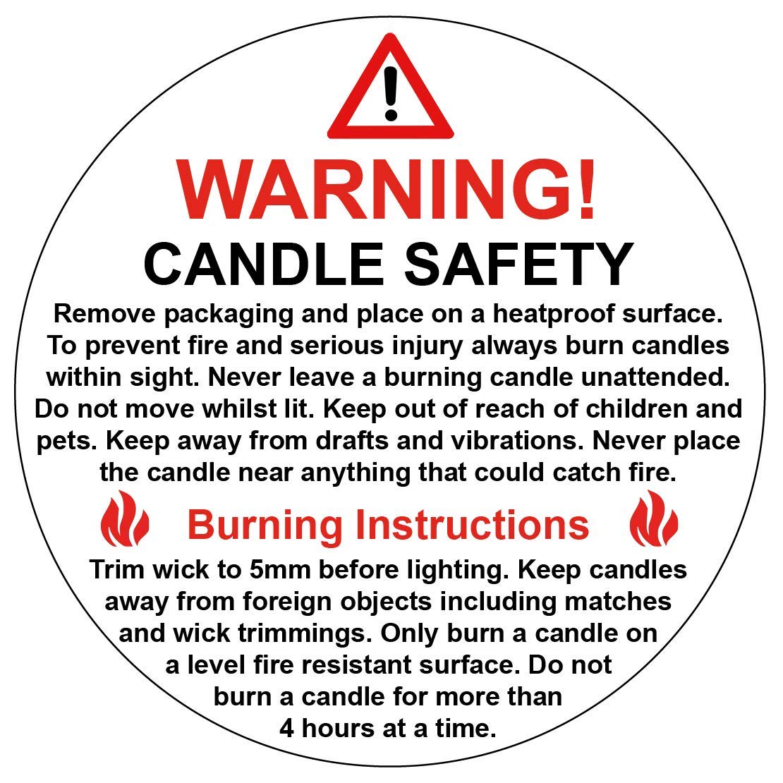 Warning Candle Safety/Warning Wax Melt Safety Stickers/Labels - (Pack Size 500 Stickers on Sheets, 55mm Candle Safety)