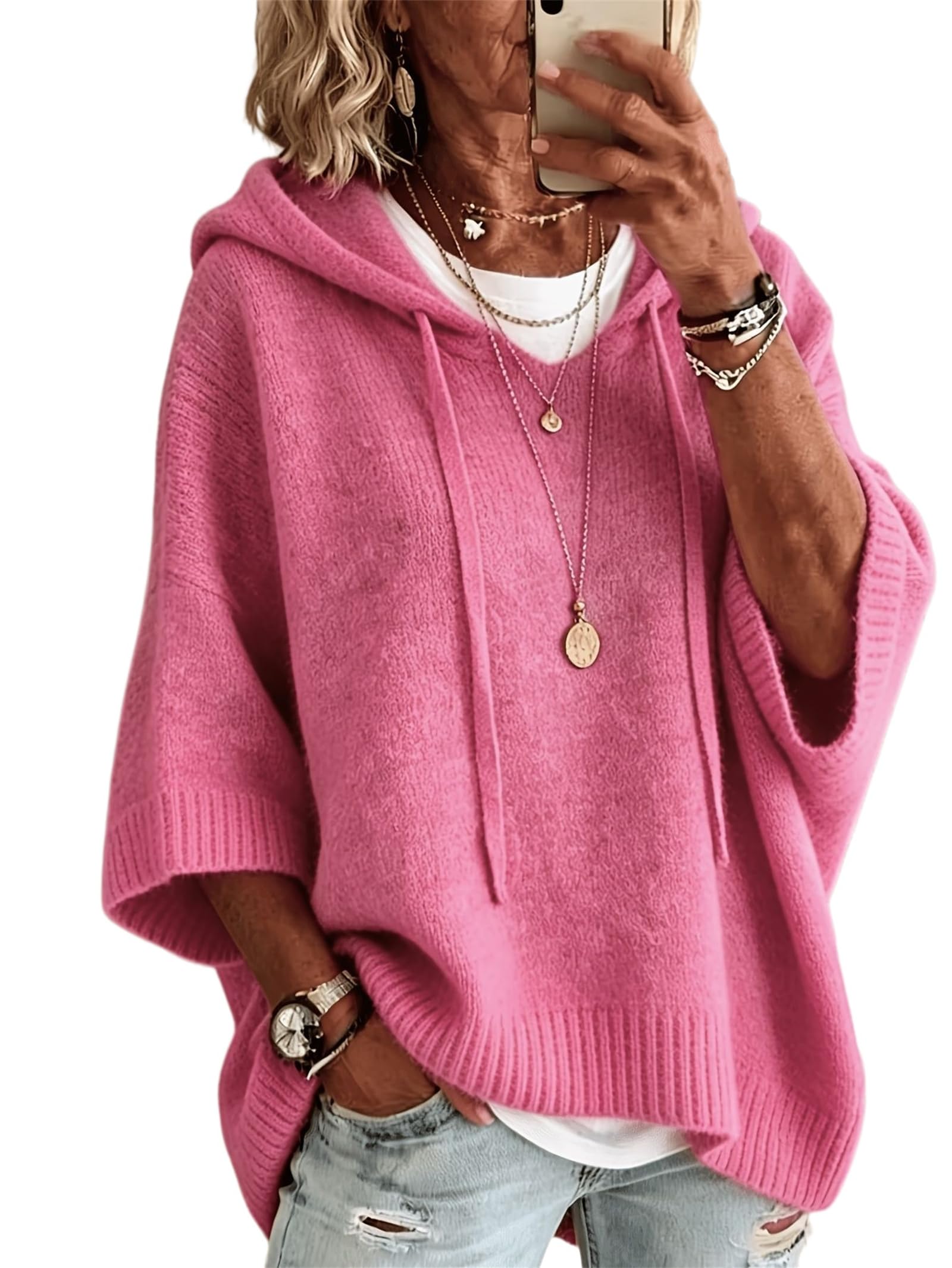 Pull à Capuche en Maille pour Femme, Manches 3/4 et Cordon de Serrage