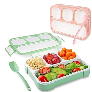 Leak Proof 4 Compartment Lunch Box Reusable Microwave Freezer Safe Food Containers with Spoon for Adults and Kids (1Pc - Multicolor)