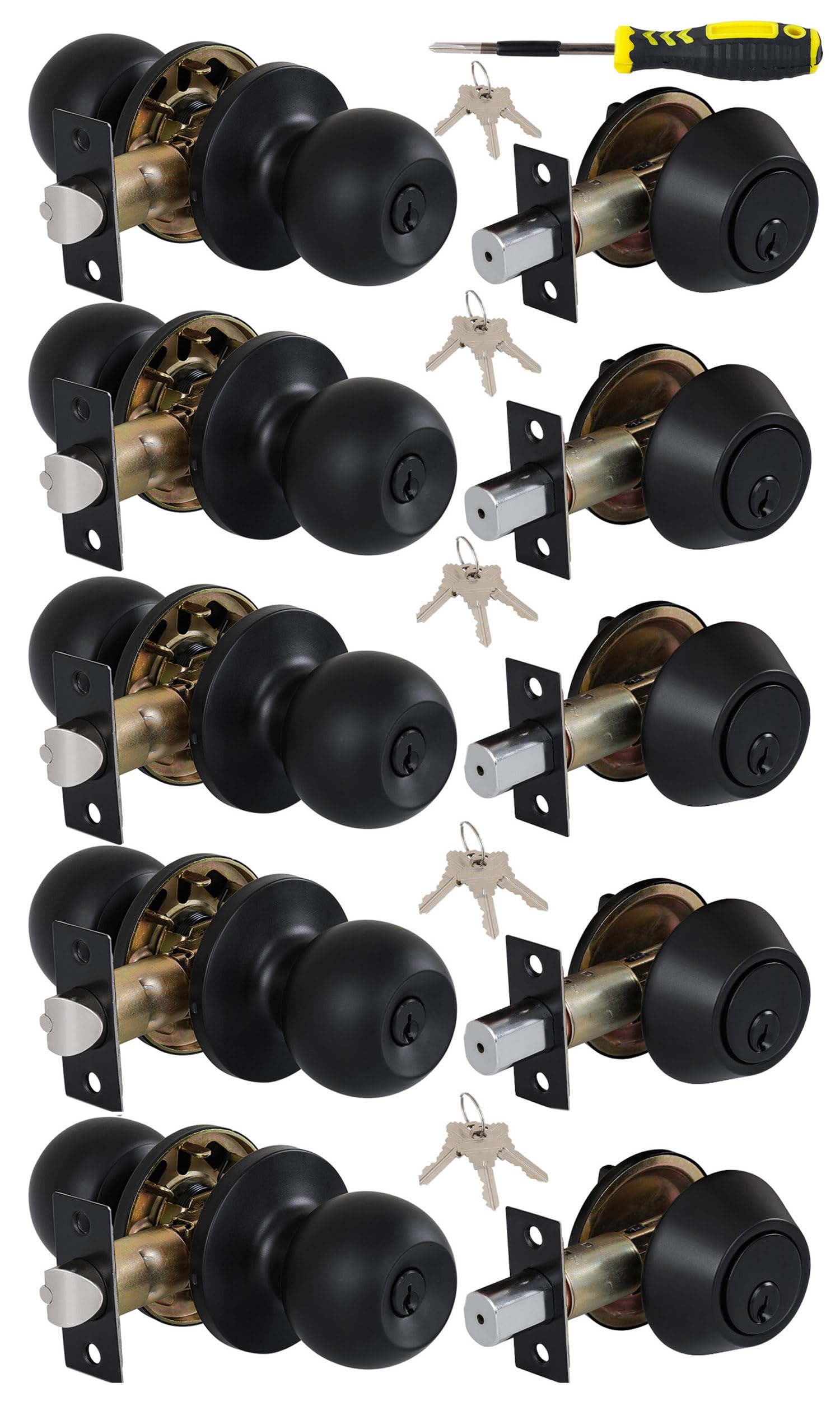 Lanwandeng(5 Sets) All Keyed Same Entry Door Knob and Single Cylinder Deadbolt Combo Set, Matte Black Exterior Door Knobs with Lock and Keys for Entrance and Front Door