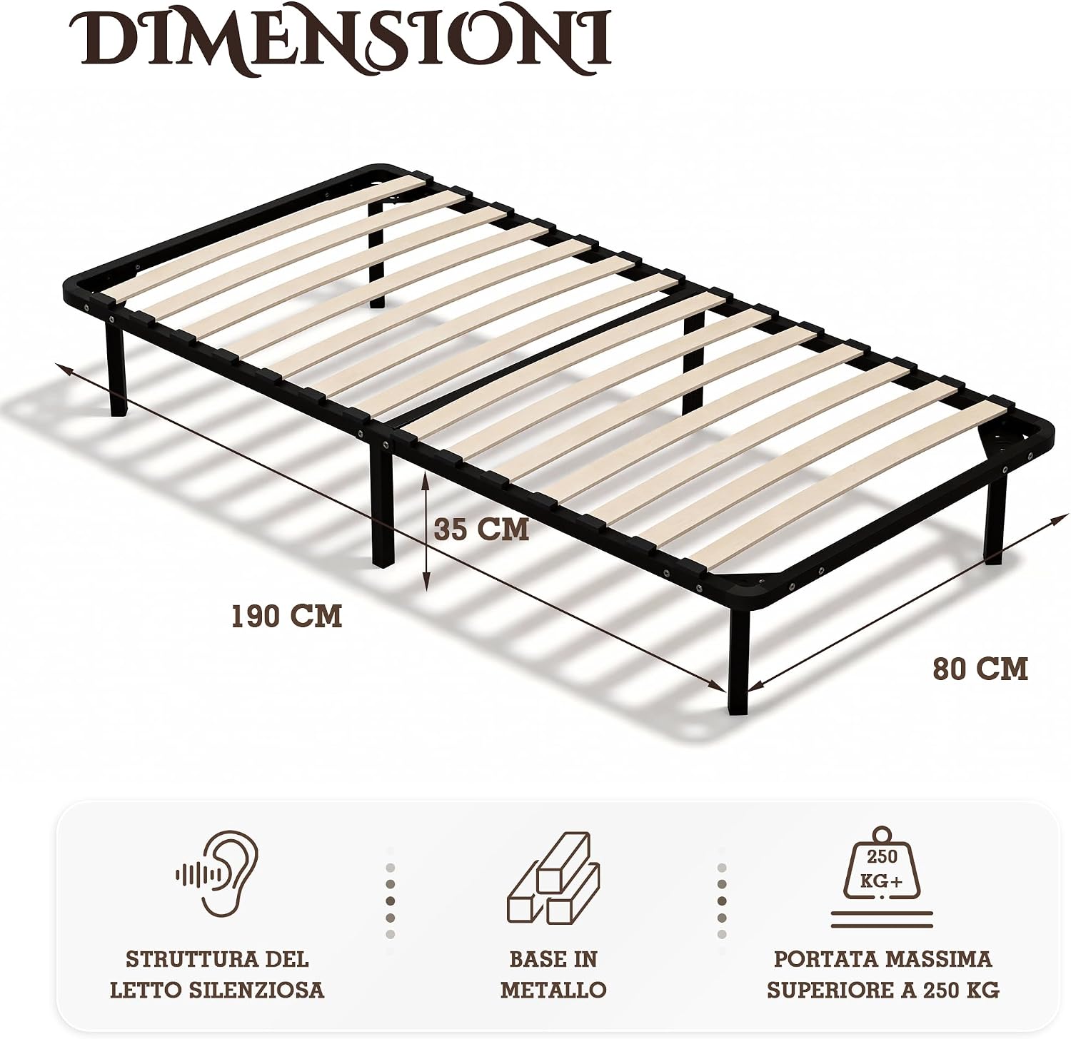 Diagram showing the dimensions of the DEWINNER single bed frame: 190 cm length, 80 cm width, 35 cm height, and indicating a maximum load capacity over 250 kg (for larger sizes, 150kg for 80x190).