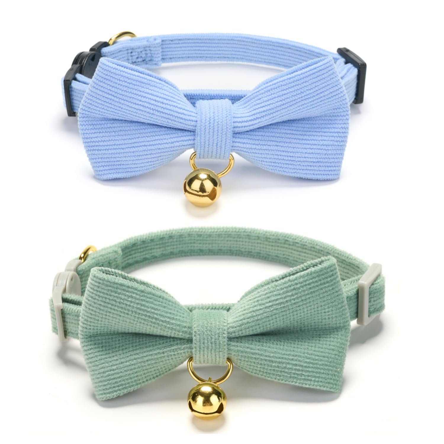 Petiry Soft Corduroy Cat Collars - Quick Release Kitten Collars with Removable Bow Ties and Gold Bells,Pack of 2,SageGreen Blue