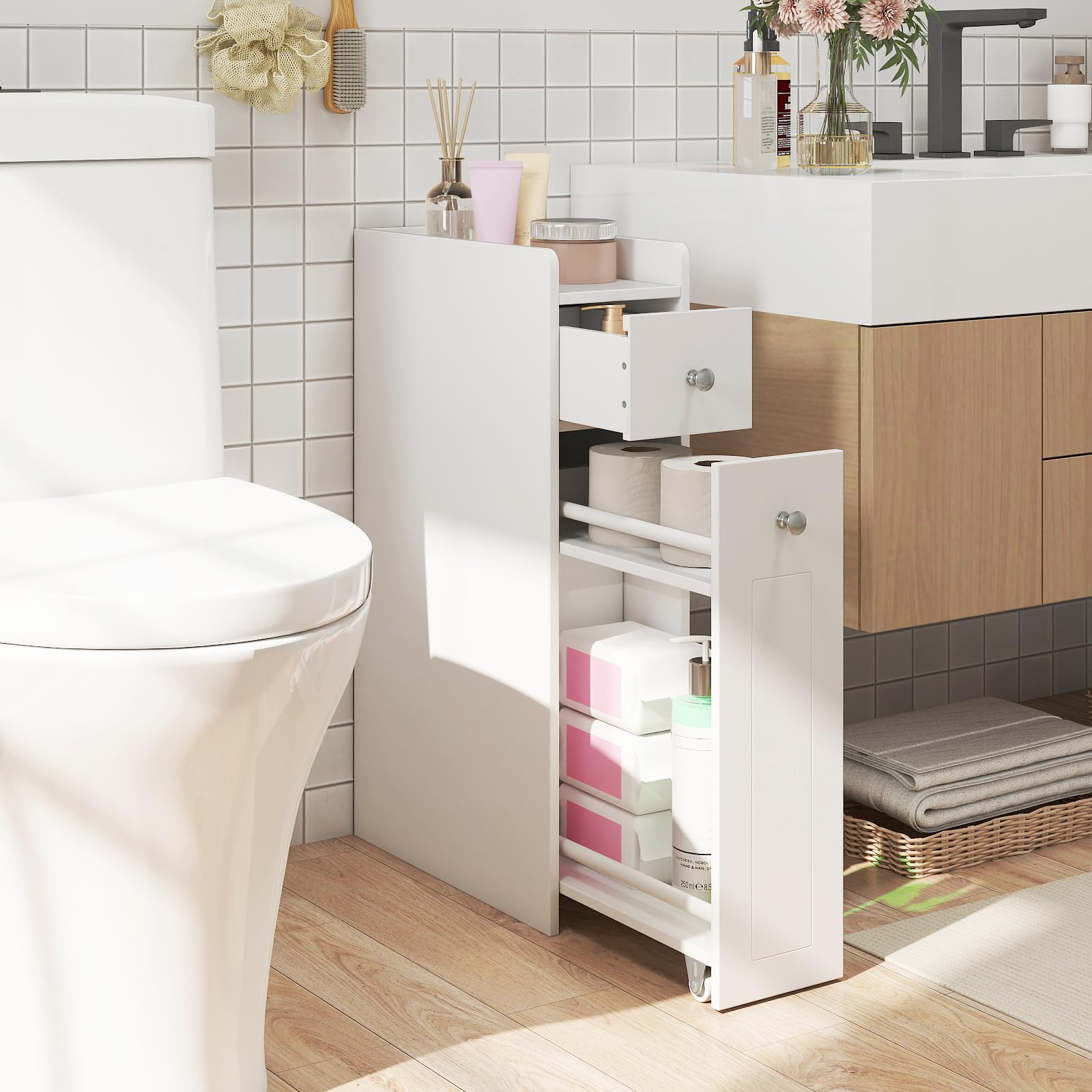 COSTWAY Mobile da Bagno Piccolo, Mobiletto Salvaspazio Stretto a 4 Ripiani con Cassetti Estraibili su Ruote, Credenza Sottile da Terra Porta Carta Igienica per Spazi Ridotti (Bianco)