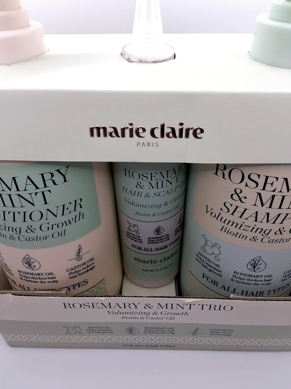 Marie Claire Paris Rosemary & Mint Volumizing Shampoo and Conditioner Trio Set, 33.81 fl oz Each, with Biotin, Castor Oil and 8.12fl.oz. hair oil.