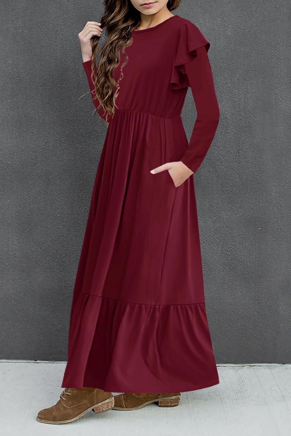 HOSIKA Girls Fall Ruffle Long Sleeve Crew Neck Loose Casual Flowy Tiered Maxi Dress with Pockets for 6-12 Y - Image 3