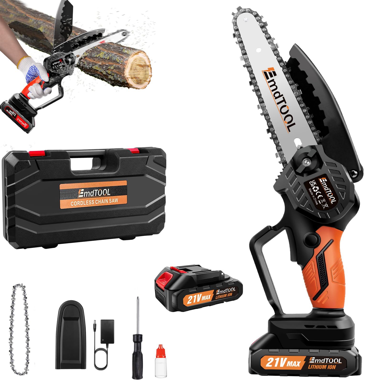 21V Akku Kettensäge mit Akkus, 2 Kette, 6 Zoll Orange Kettensäge Elektrisch Handsäge Einhand Handkettensäge mit Sicherheitsschloss für Gartenarbeit Baumbeschneidung Holzschneiden