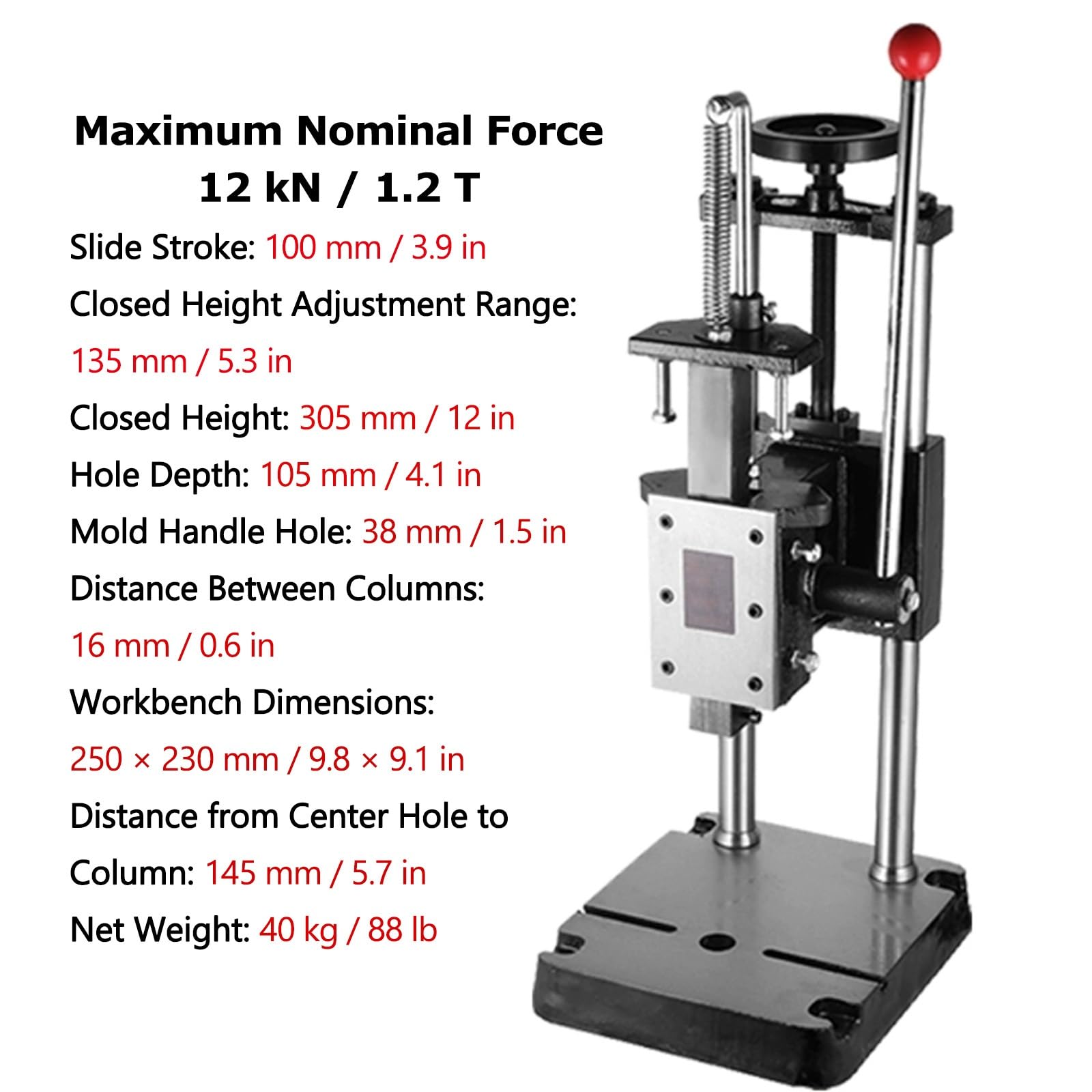 Prensa de Doble Columna, Máquina Troqueladora Manual, Fuerza Nominal Máxima: 12 KN/1,2 Toneladas, Estampado, Troquelado y Perforación de Grado Industrial