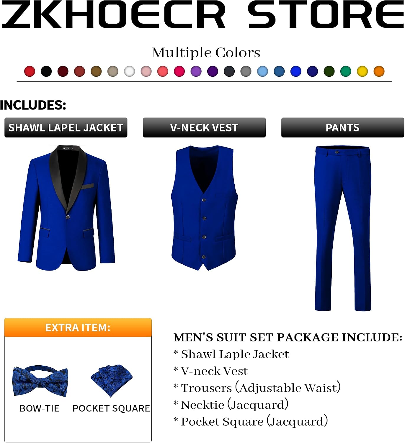 Men's 3 Piece Slim Fit Suit One Button Shawl Lapel Jacket Vest Pants Tuxedo Set with Bow Tie Pocket Square