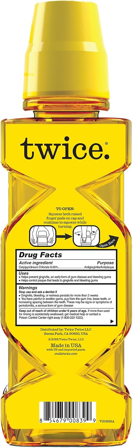 Twice Gum Shield Antigingivitis Mouthwash with 0.05% CPC – Alcohol & Fluoride-Free Oral Rinse to Help Prevent Gingivitis & Control Plaque, Shield Mint, 20 Fl Oz (Pack of 2)