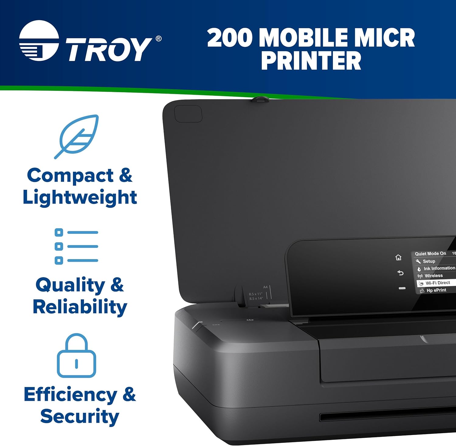 Troy 200 Mobile MICR Printer, Wireless Check Printing On The Go, Mobile and Lightweight, 50 Sheet Capacity, 1 Tray, Up to 20ppm
