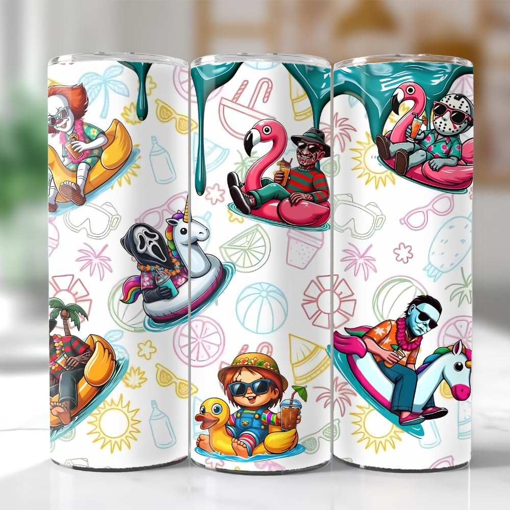 Horror Slasher Summer Vacation Print 20oz Skinny Tumbler -Double Wall Skinny Tumbler with Straw and Lid, Insulated Cup Stainless Steel Slim Travel Tumbler for Women, Men and Kids - Image 2