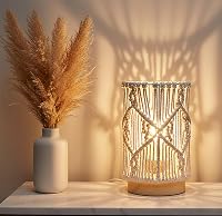 AFORTLO Boho Macrame Table Lamp - Handmade Hollow-Out Nightstand Light, Solid Wood Base, Warm LED Bulb for Bedroom & Living Room (Creamy White)