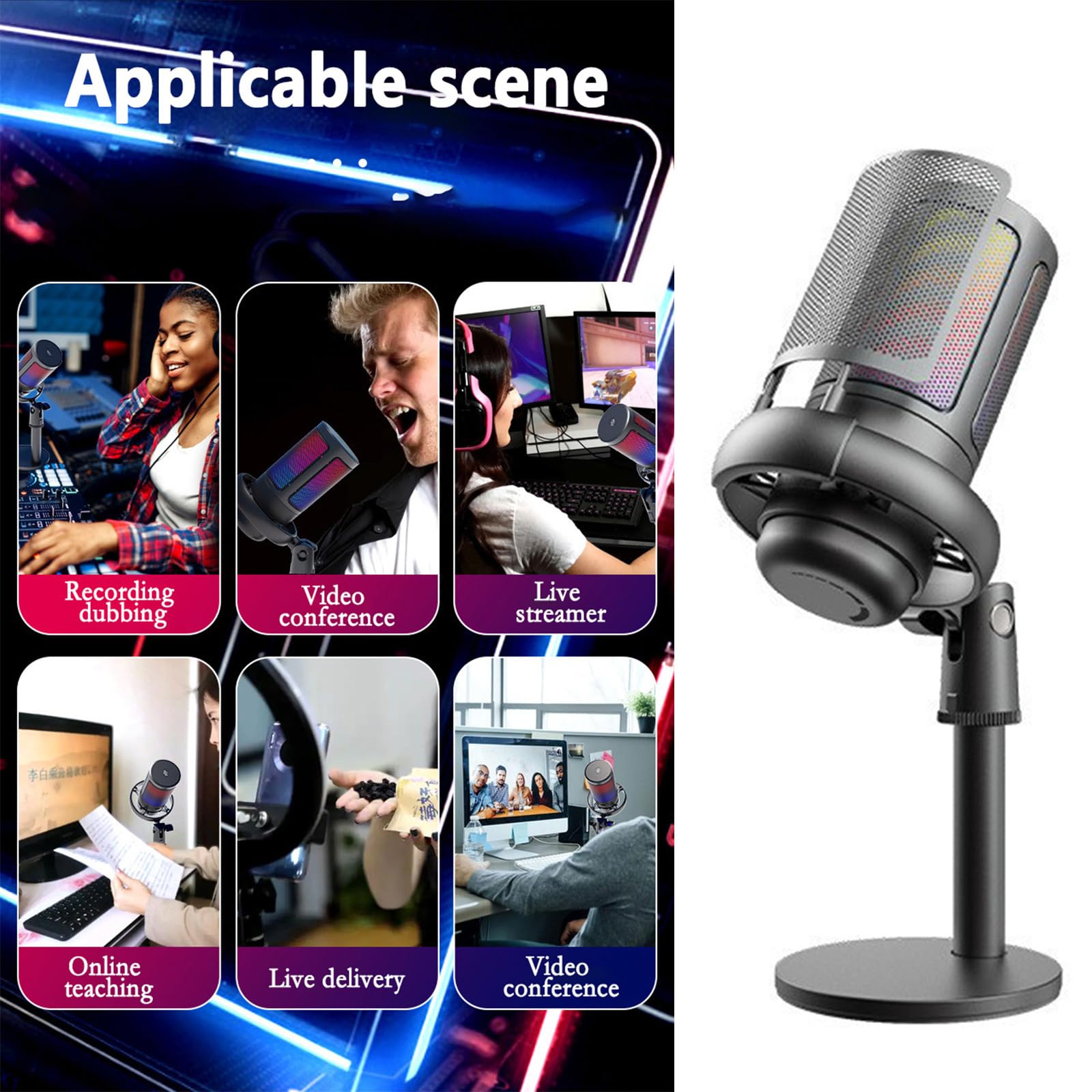 XUZHID Game mic,USB Microphone for PC Gaming Color Lighting Mic Mute Button Condenser with Knob Solid Base