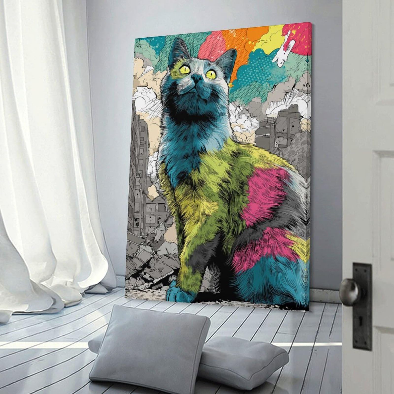 Junmoney Canvas Wall Picture Giant Cat in Destroyed Cityscape, 16x24inch(40x60cm), for Restful Interiors, Bedrooms Or Small Rooms, Home Artwork with A Soft Interior Feel