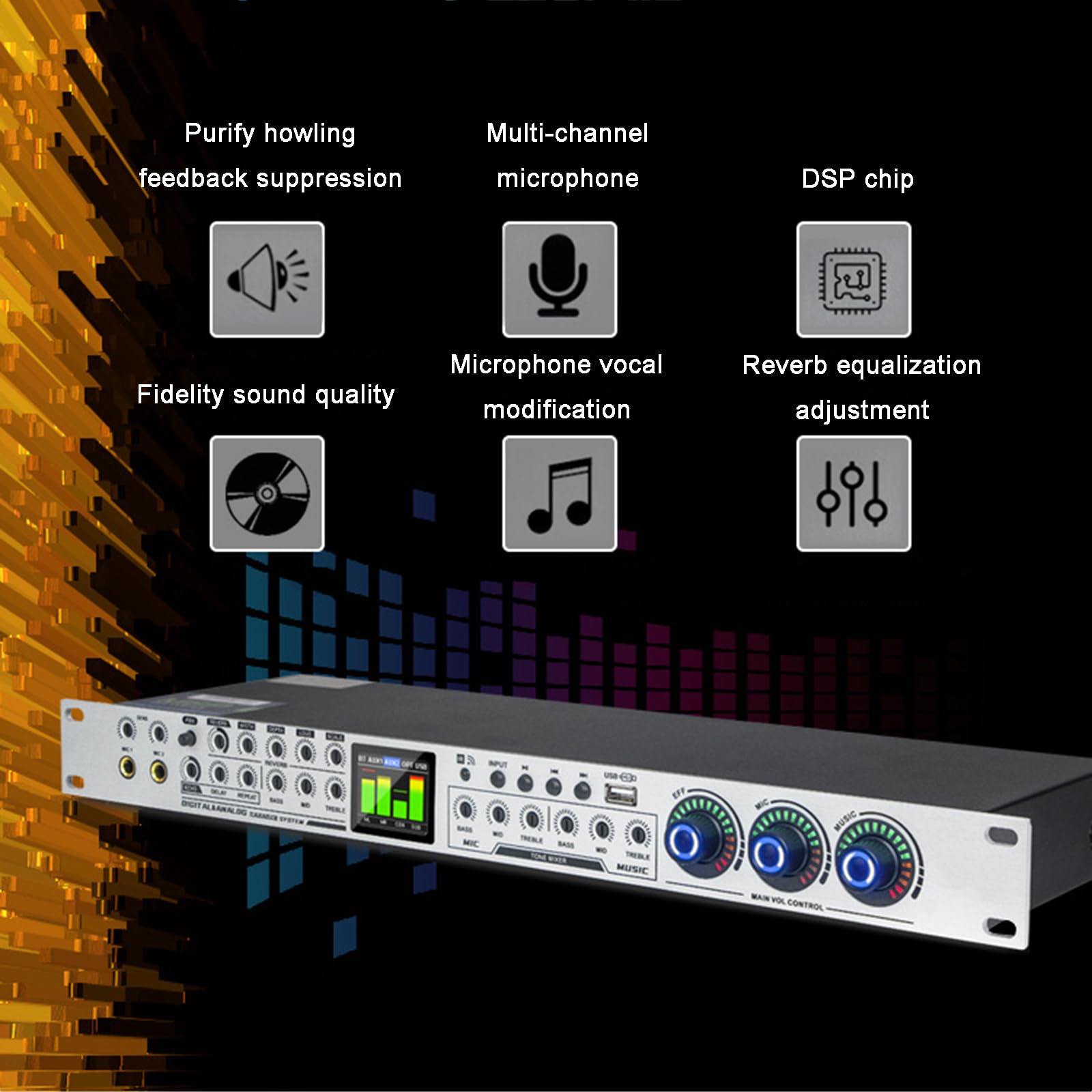 Efector digital profesional KTV preetapa, procesador de audio antiaullidos, reverberador mezclador de karaoke, con efecto DSP Echo, entrada de micrófono, para reverberador doméstico