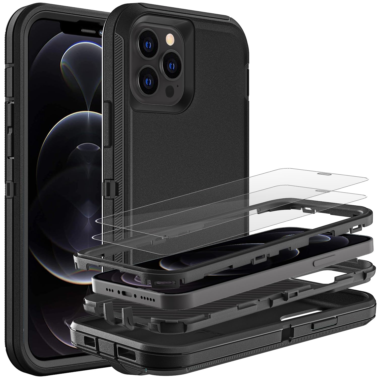 HONG-AMY for iPhone 12 Pro Max Case, Heavy Duty Protection 3-Layers [Shockproof] [Dropproof] [Anti-Slip] Phone Cover [with 2 Tempered Glass Screen