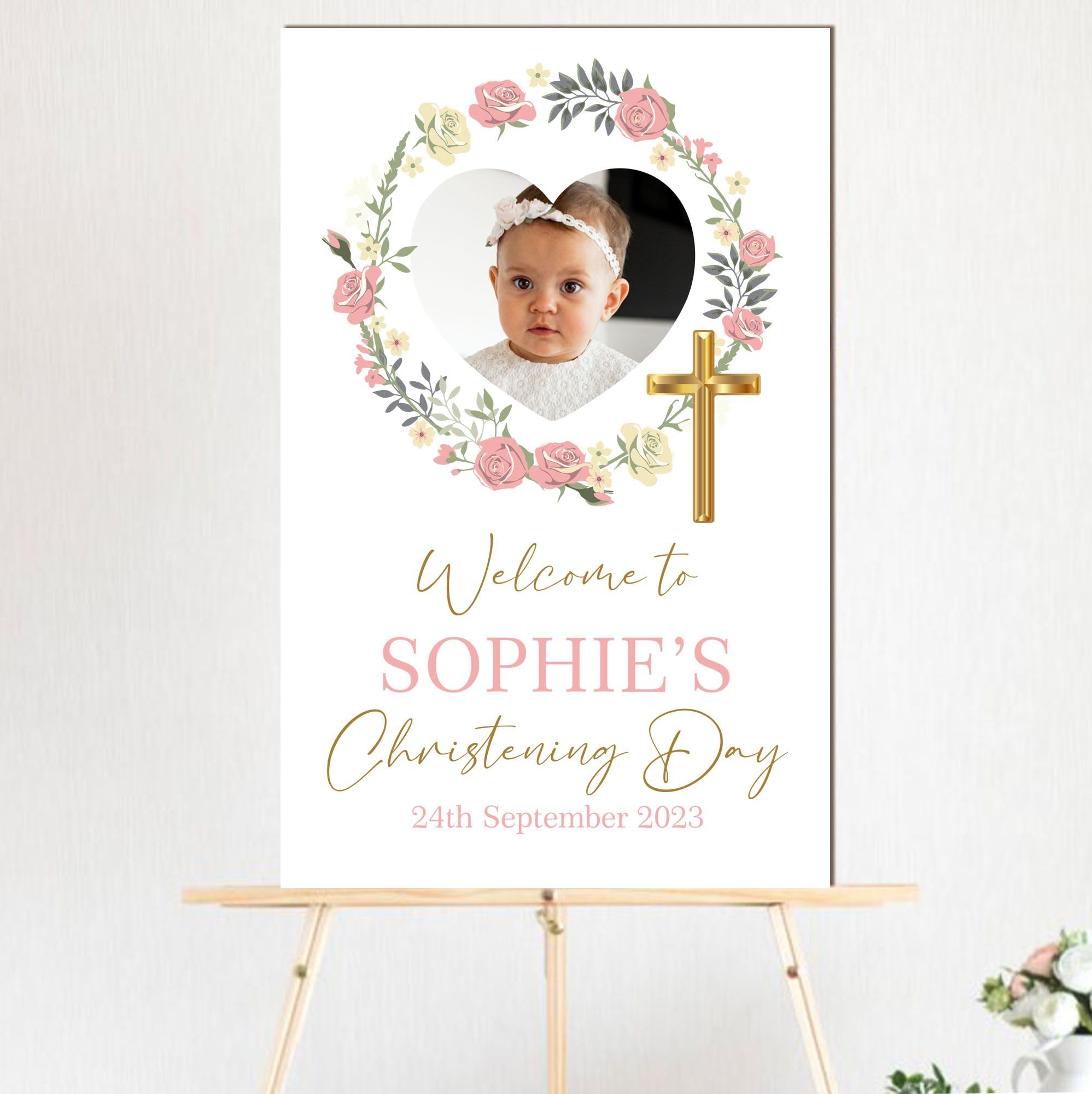 Personalised Photo Christening, Communion, Confirmation Welcome Board – Custom Child’s Picture, Name & Date, Floral and Wreath Photo Prop Board (Pink Floral Wreath, Christening Day)