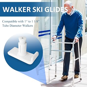 Walker Ski Glides, Universal Fit 1 to 1 1/8 Tubing Diameter Walker, Sliders for Walkers, Glide Skis for Walkers for Seniors Easy to Install (1 Pair)