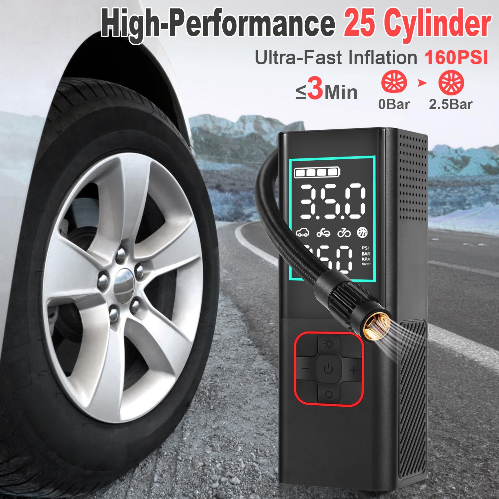 Compressore d'aria portatile per pneumatici, 160 psi, 7800 mAh, 25 cilindri, 3 volte più veloce, per gonfiare la pressione dei pneumatici dell'auto, con manometro digitale, adatto per auto, moto