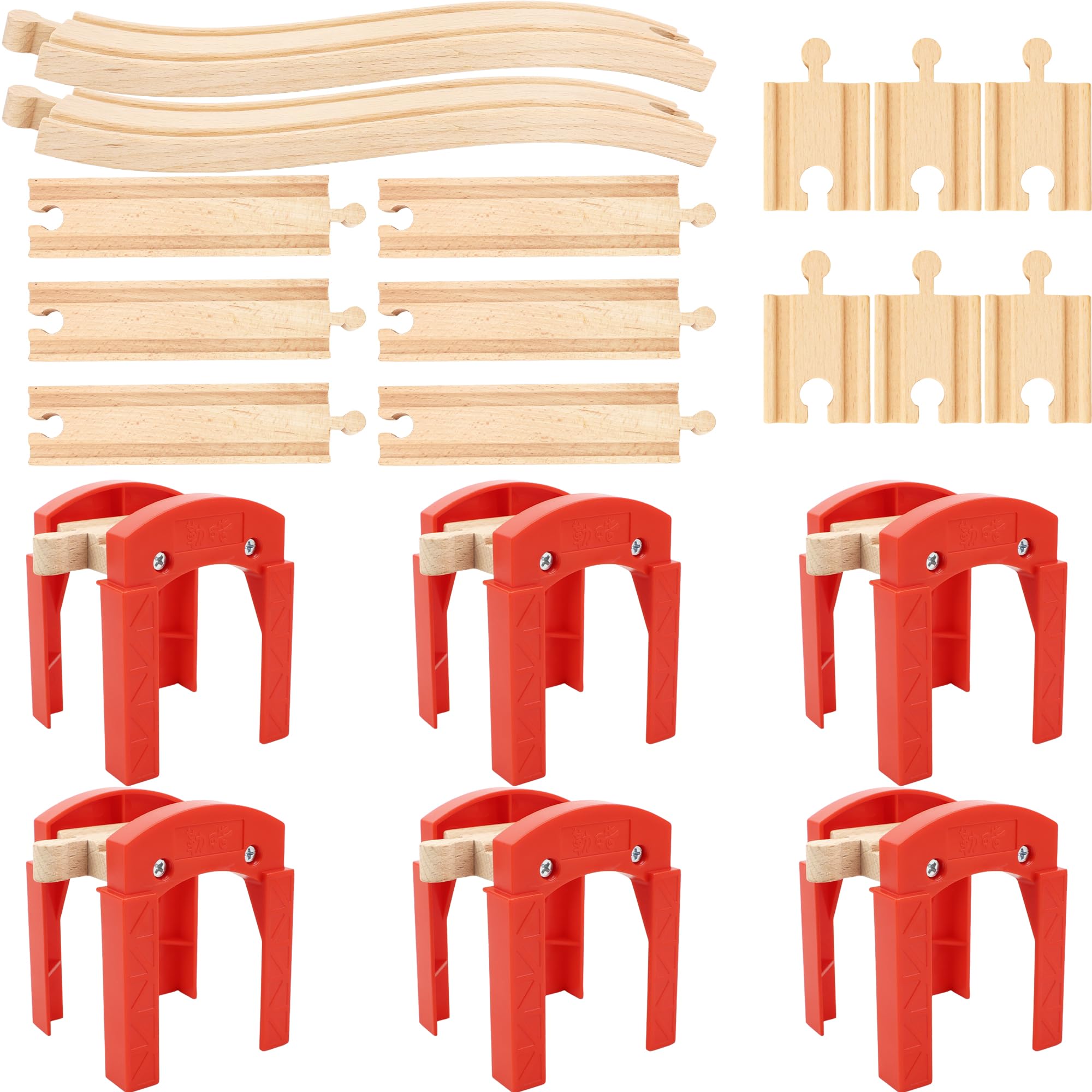 20 Pack Wooden Train Track Bridge Include 12 Straight Track 6 Train Track Bridge Support 2 Wood Ascending Tracks Track Pieces