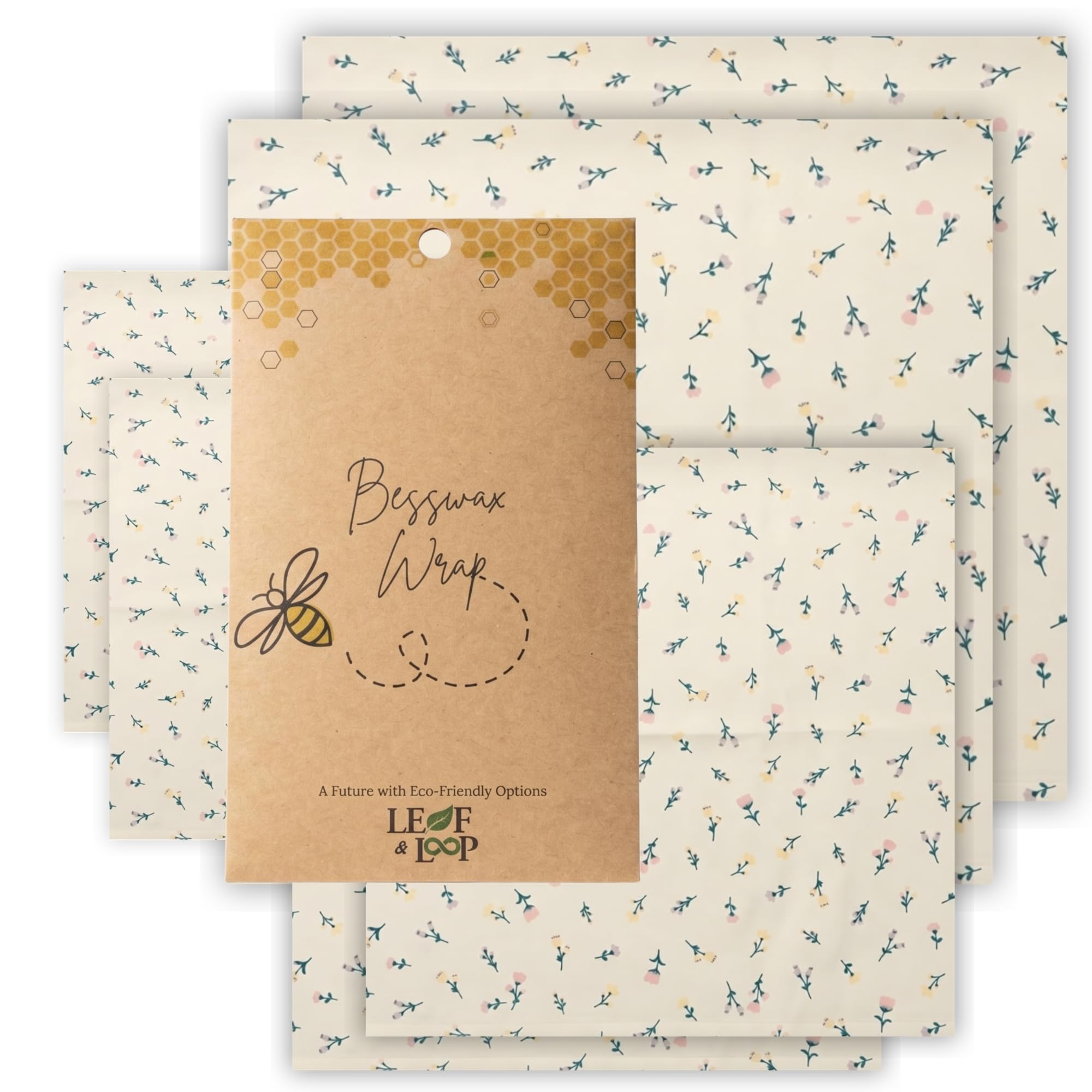 Leaf & Loop Beeswax Food Wraps - Set of 6 (2S, 2M, 2L) - Reusable Organic Cotton Food Storage - Eco Friendly Zero Waste Kitchen Gift - Sustainable Plastic-Free Cling Film Alternative