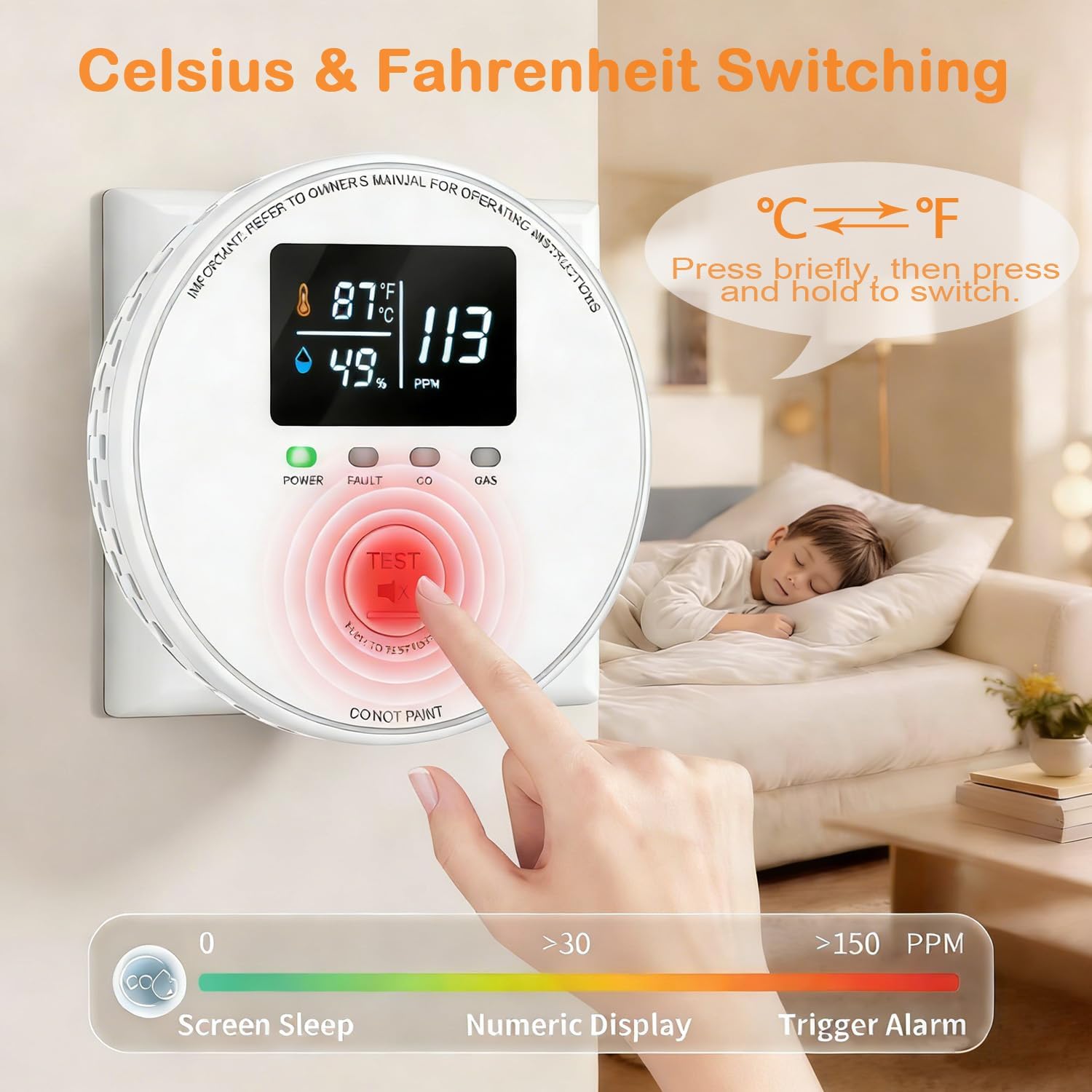 4-in-1 Carbon Monoxide Detectors Plug in, Natural Gas Detector & Carbon Monoxide Alarm with Temperature(°F/℃) & Humidity, Combustible Gas & CO Sensor and HD Display for Home, RV, Apartment