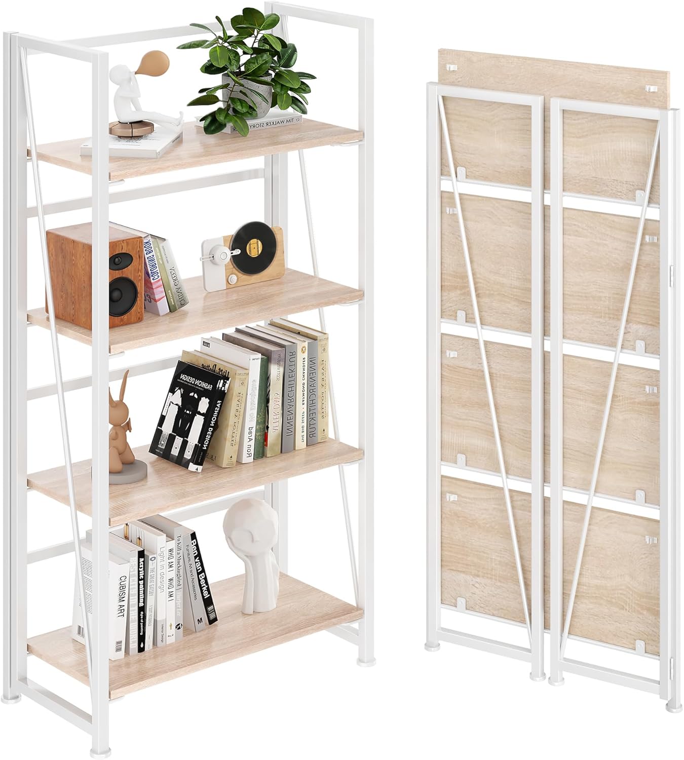 BHG Vintage Multifunctional Bookcase Folding Bookshelf, No-Assembly Plant Stand Storage Rack Shelves for Home Office (White, 4-Tier)