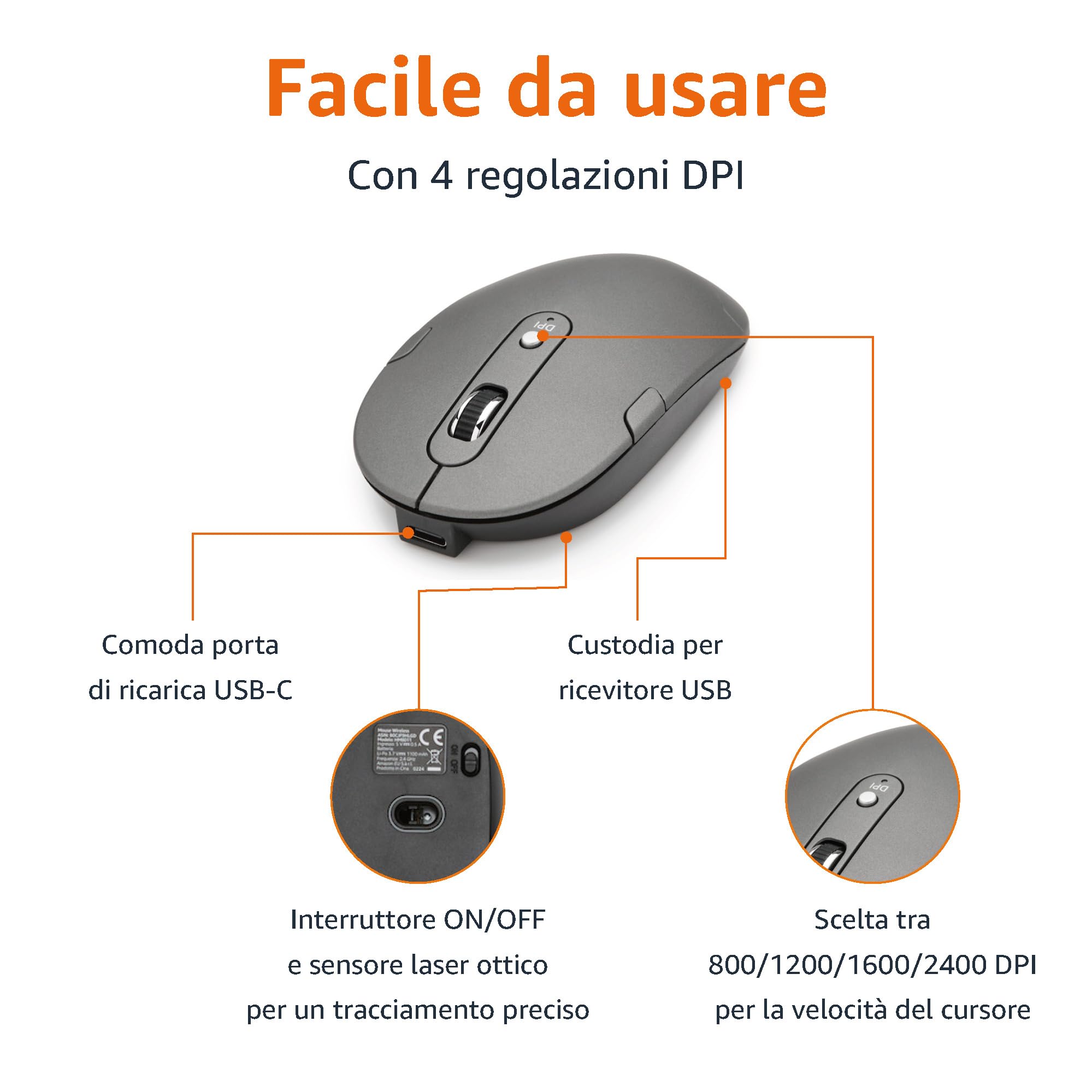 Amazon Basics mouse wireless ricaricabili, tastiera full size ultrasottile e silenziosa con tastierino numerico, Nero